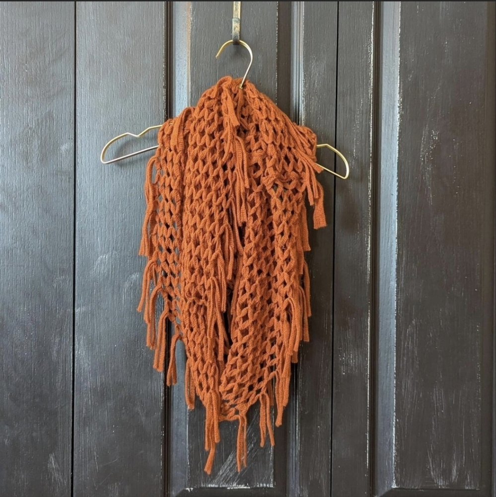 Rusty Orange Fringe Crochet Circle Scarf